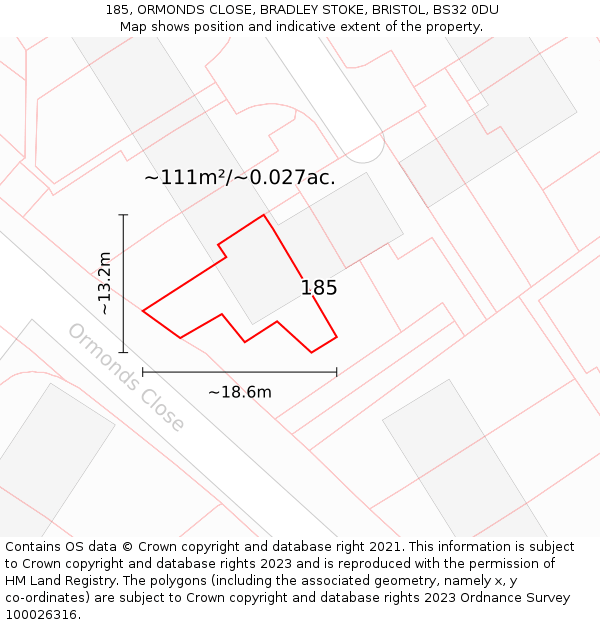 185, ORMONDS CLOSE, BRADLEY STOKE, BRISTOL, BS32 0DU: Plot and title map