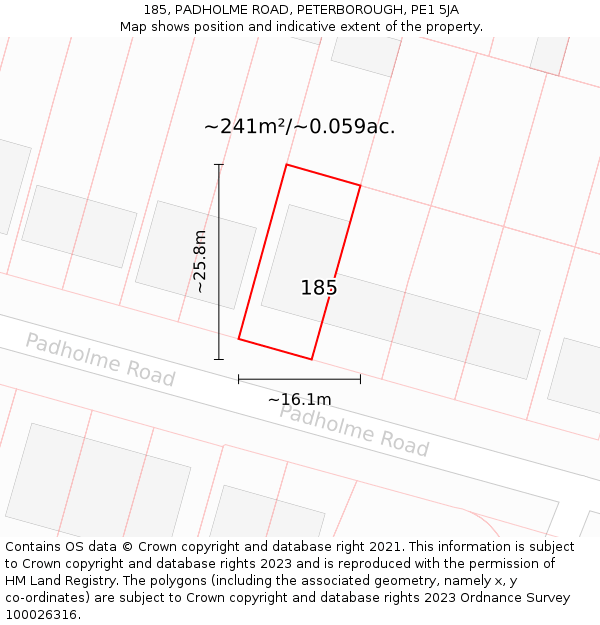 185, PADHOLME ROAD, PETERBOROUGH, PE1 5JA: Plot and title map