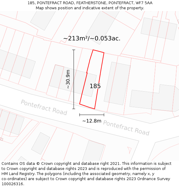 185, PONTEFRACT ROAD, FEATHERSTONE, PONTEFRACT, WF7 5AA: Plot and title map