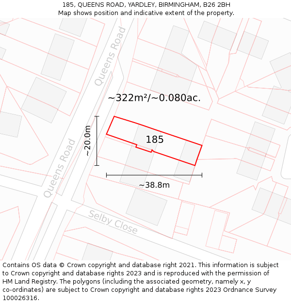 185, QUEENS ROAD, YARDLEY, BIRMINGHAM, B26 2BH: Plot and title map