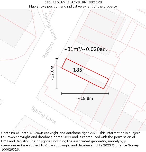 185, REDLAM, BLACKBURN, BB2 1XB: Plot and title map