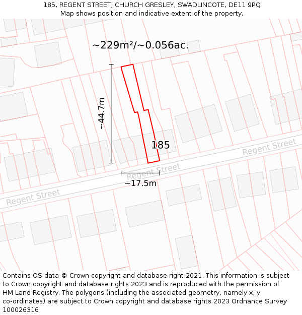 185, REGENT STREET, CHURCH GRESLEY, SWADLINCOTE, DE11 9PQ: Plot and title map
