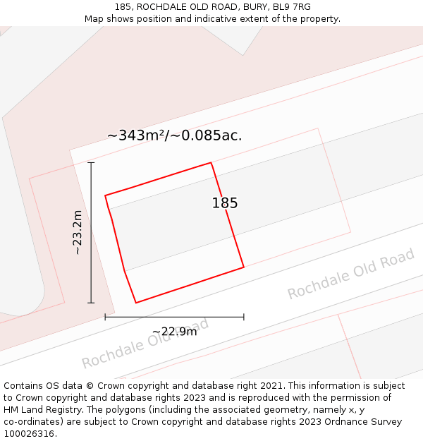 185, ROCHDALE OLD ROAD, BURY, BL9 7RG: Plot and title map