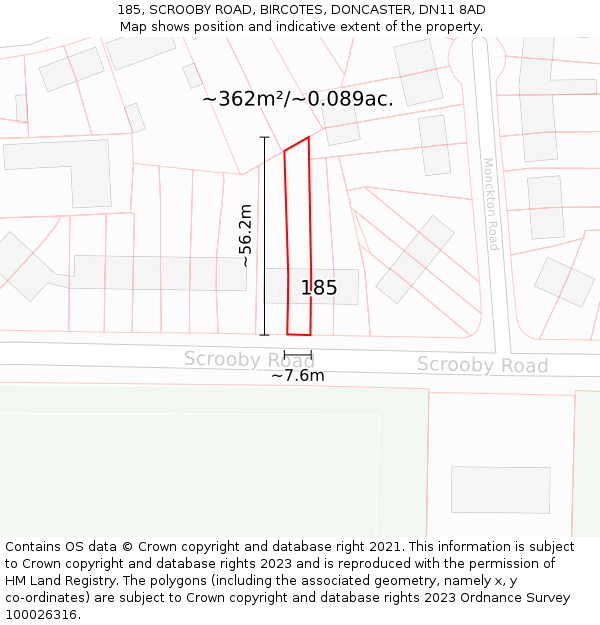 185, SCROOBY ROAD, BIRCOTES, DONCASTER, DN11 8AD: Plot and title map
