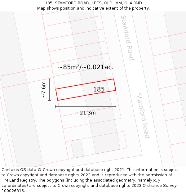 185, STAMFORD ROAD, LEES, OLDHAM, OL4 3ND: Plot and title map