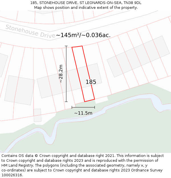 185, STONEHOUSE DRIVE, ST LEONARDS-ON-SEA, TN38 9DL: Plot and title map
