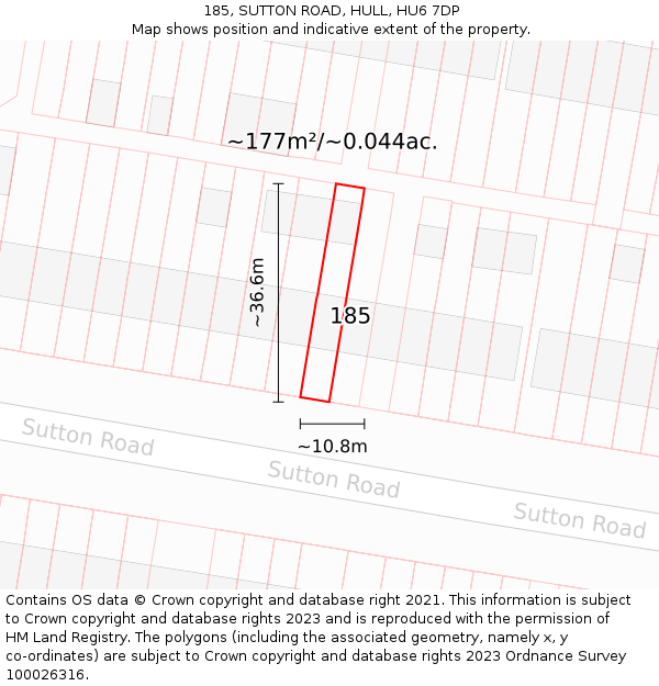 185, SUTTON ROAD, HULL, HU6 7DP: Plot and title map