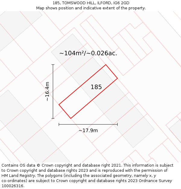 185, TOMSWOOD HILL, ILFORD, IG6 2GD: Plot and title map
