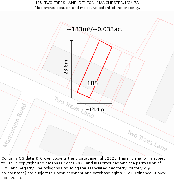 185, TWO TREES LANE, DENTON, MANCHESTER, M34 7AJ: Plot and title map