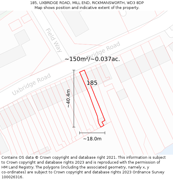 185, UXBRIDGE ROAD, MILL END, RICKMANSWORTH, WD3 8DP: Plot and title map