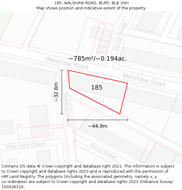 185, WALSHAW ROAD, BURY, BL8 1NH: Plot and title map