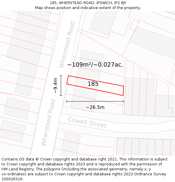 185, WHERSTEAD ROAD, IPSWICH, IP2 8JY: Plot and title map
