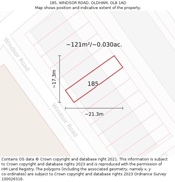 185, WINDSOR ROAD, OLDHAM, OL8 1AD: Plot and title map