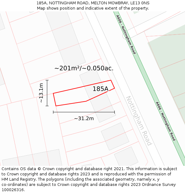 185A, NOTTINGHAM ROAD, MELTON MOWBRAY, LE13 0NS: Plot and title map