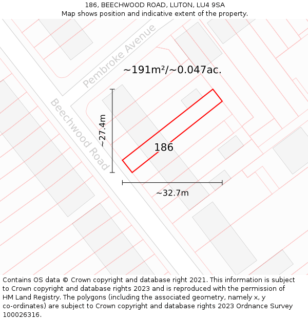 186, BEECHWOOD ROAD, LUTON, LU4 9SA: Plot and title map