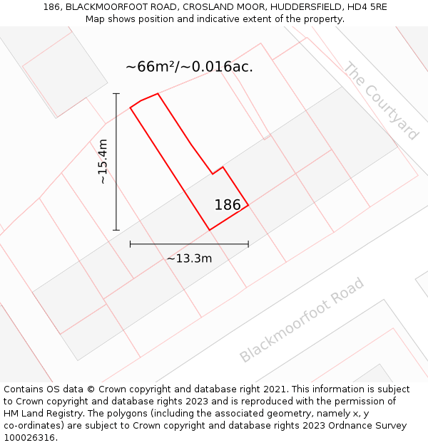 186, BLACKMOORFOOT ROAD, CROSLAND MOOR, HUDDERSFIELD, HD4 5RE: Plot and title map