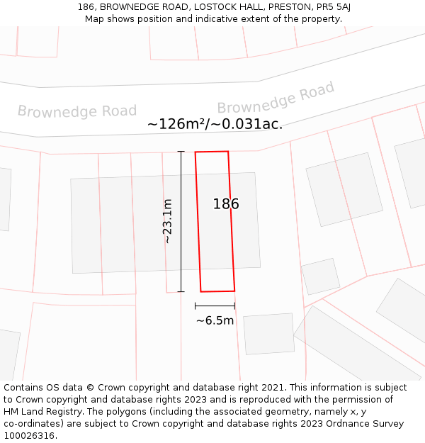 186, BROWNEDGE ROAD, LOSTOCK HALL, PRESTON, PR5 5AJ: Plot and title map