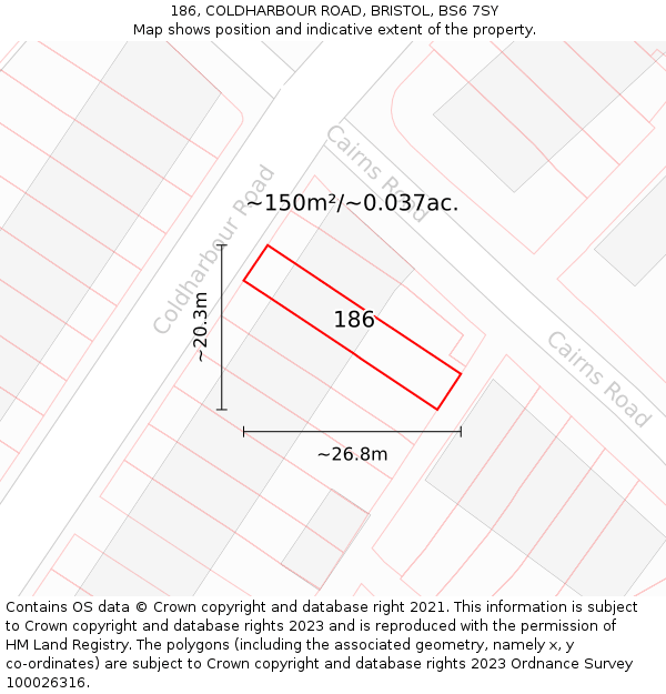 186, COLDHARBOUR ROAD, BRISTOL, BS6 7SY: Plot and title map