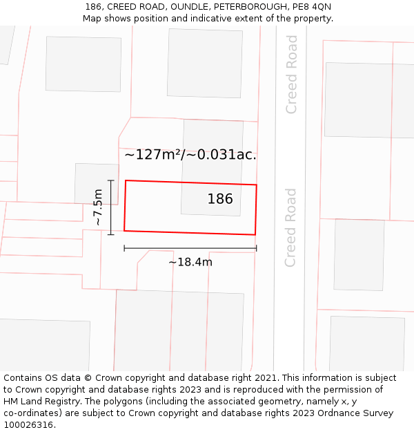186, CREED ROAD, OUNDLE, PETERBOROUGH, PE8 4QN: Plot and title map