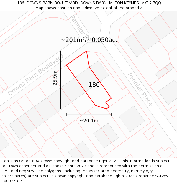186, DOWNS BARN BOULEVARD, DOWNS BARN, MILTON KEYNES, MK14 7QQ: Plot and title map