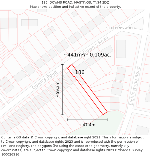 186, DOWNS ROAD, HASTINGS, TN34 2DZ: Plot and title map