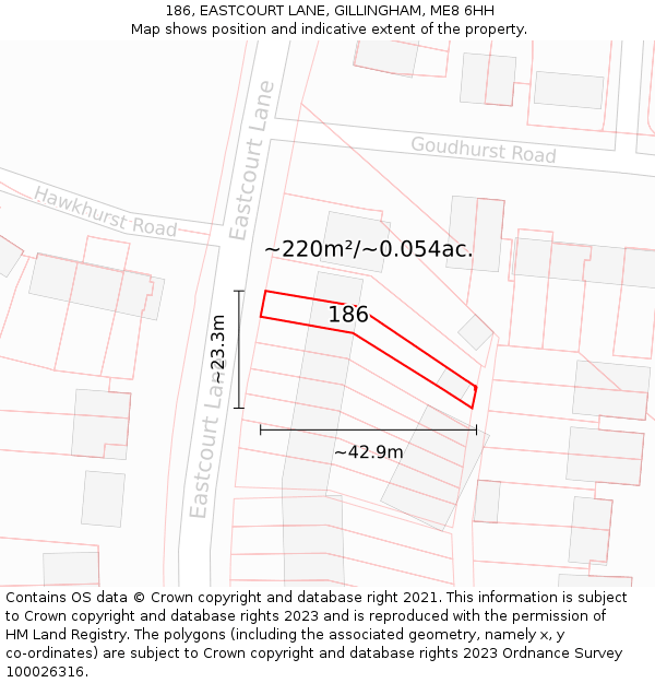 186, EASTCOURT LANE, GILLINGHAM, ME8 6HH: Plot and title map