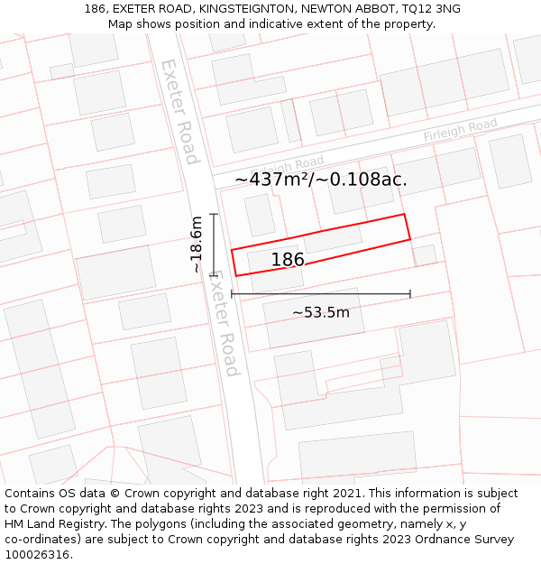 186, EXETER ROAD, KINGSTEIGNTON, NEWTON ABBOT, TQ12 3NG: Plot and title map