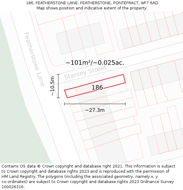 186, FEATHERSTONE LANE, FEATHERSTONE, PONTEFRACT, WF7 6AD: Plot and title map