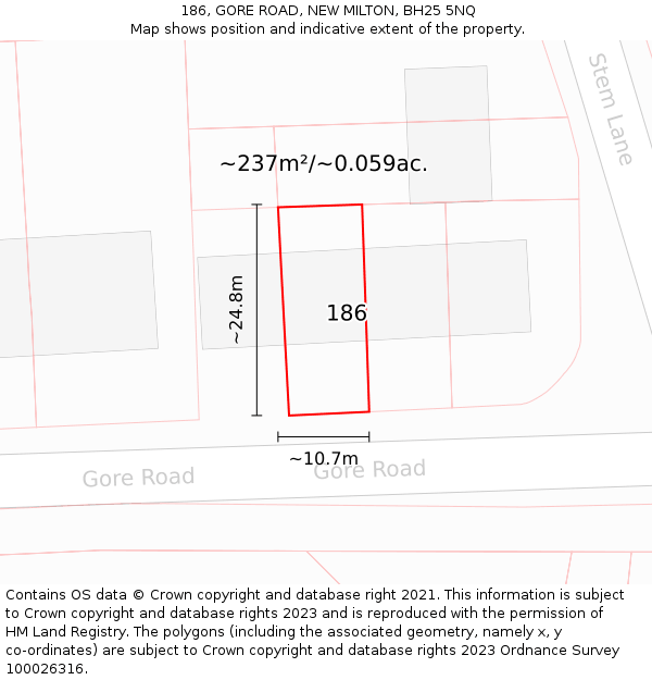 186, GORE ROAD, NEW MILTON, BH25 5NQ: Plot and title map