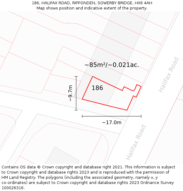 186, HALIFAX ROAD, RIPPONDEN, SOWERBY BRIDGE, HX6 4AH: Plot and title map