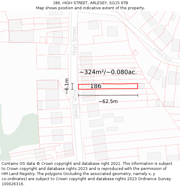 186, HIGH STREET, ARLESEY, SG15 6TB: Plot and title map