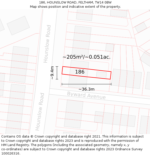 186, HOUNSLOW ROAD, FELTHAM, TW14 0BW: Plot and title map
