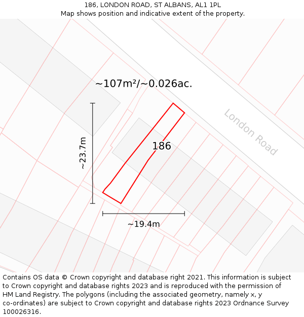 186, LONDON ROAD, ST ALBANS, AL1 1PL: Plot and title map