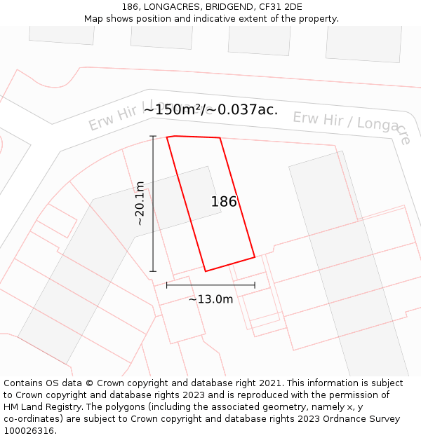 186, LONGACRES, BRIDGEND, CF31 2DE: Plot and title map