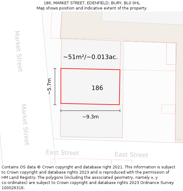 186, MARKET STREET, EDENFIELD, BURY, BL0 0HL: Plot and title map