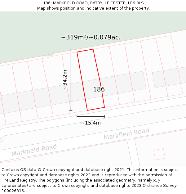 186, MARKFIELD ROAD, RATBY, LEICESTER, LE6 0LS: Plot and title map