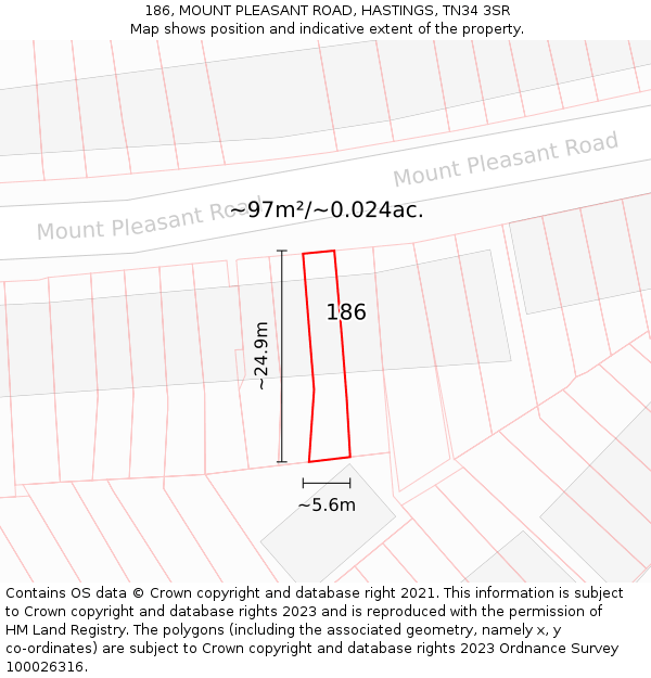 186, MOUNT PLEASANT ROAD, HASTINGS, TN34 3SR: Plot and title map