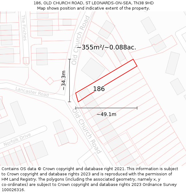 186, OLD CHURCH ROAD, ST LEONARDS-ON-SEA, TN38 9HD: Plot and title map