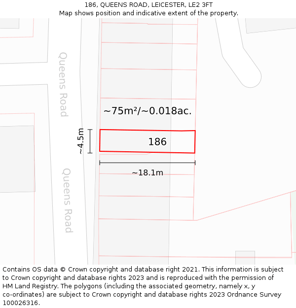 186, QUEENS ROAD, LEICESTER, LE2 3FT: Plot and title map