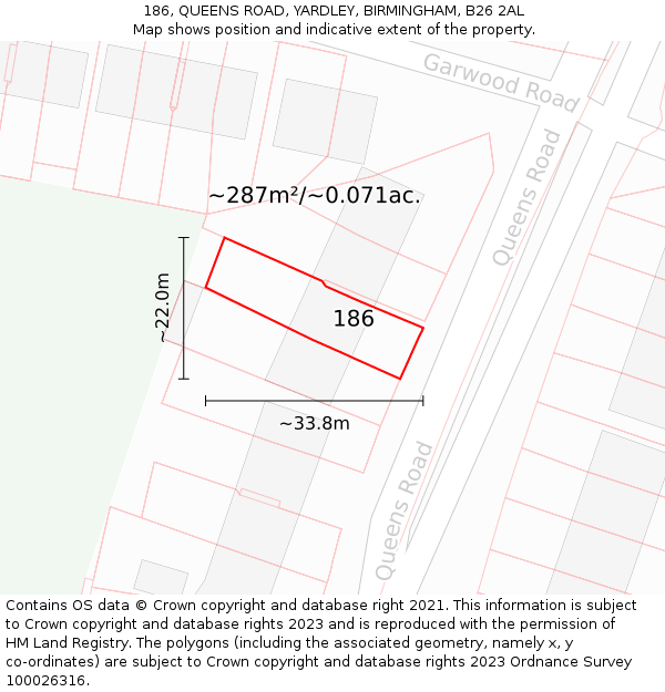 186, QUEENS ROAD, YARDLEY, BIRMINGHAM, B26 2AL: Plot and title map
