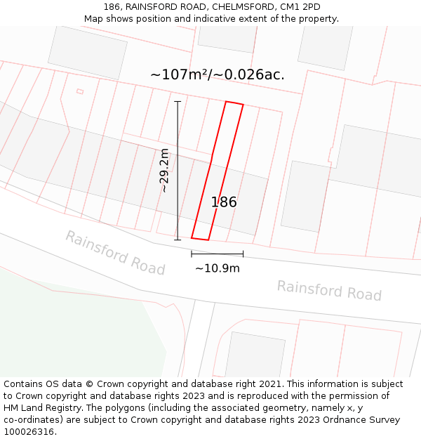 186, RAINSFORD ROAD, CHELMSFORD, CM1 2PD: Plot and title map
