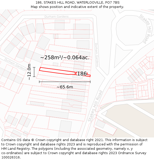 186, STAKES HILL ROAD, WATERLOOVILLE, PO7 7BS: Plot and title map