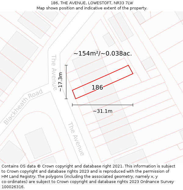 186, THE AVENUE, LOWESTOFT, NR33 7LW: Plot and title map