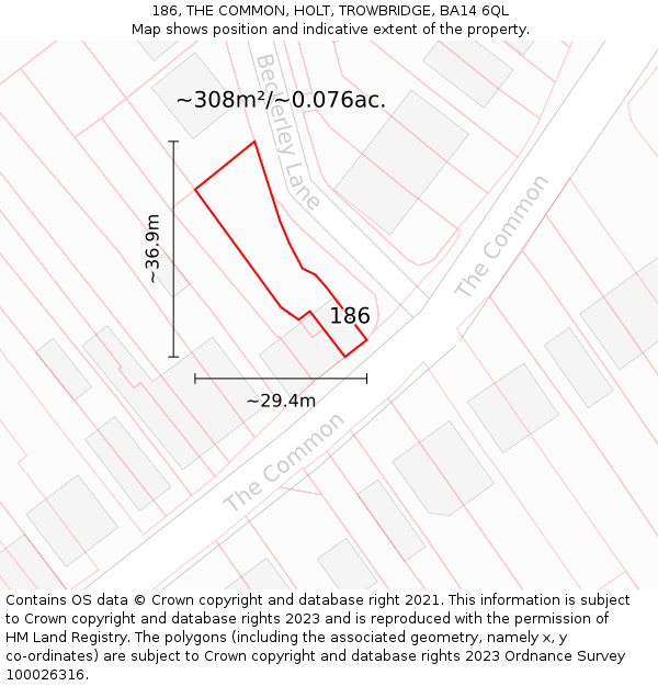 186, THE COMMON, HOLT, TROWBRIDGE, BA14 6QL: Plot and title map