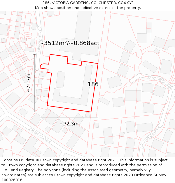 186, VICTORIA GARDENS, COLCHESTER, CO4 9YF: Plot and title map