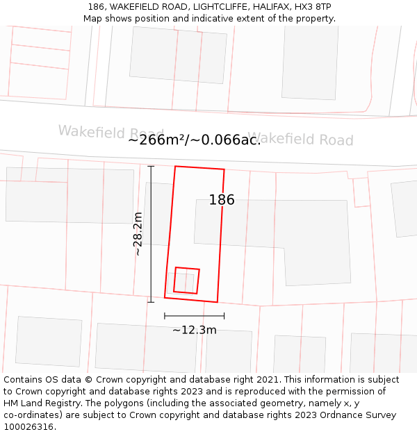 186, WAKEFIELD ROAD, LIGHTCLIFFE, HALIFAX, HX3 8TP: Plot and title map