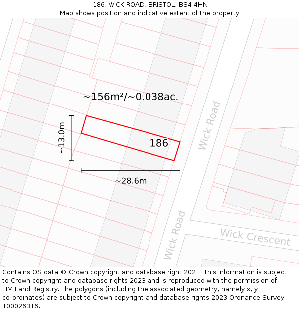 186, WICK ROAD, BRISTOL, BS4 4HN: Plot and title map