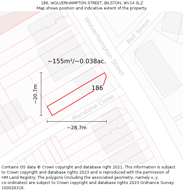 186, WOLVERHAMPTON STREET, BILSTON, WV14 0LZ: Plot and title map
