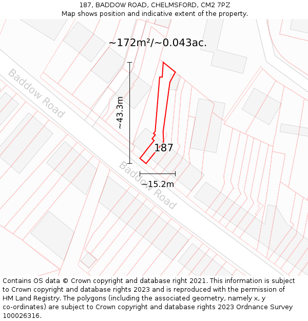 187, BADDOW ROAD, CHELMSFORD, CM2 7PZ: Plot and title map