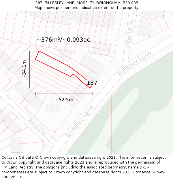 187, BILLESLEY LANE, MOSELEY, BIRMINGHAM, B13 9RR: Plot and title map